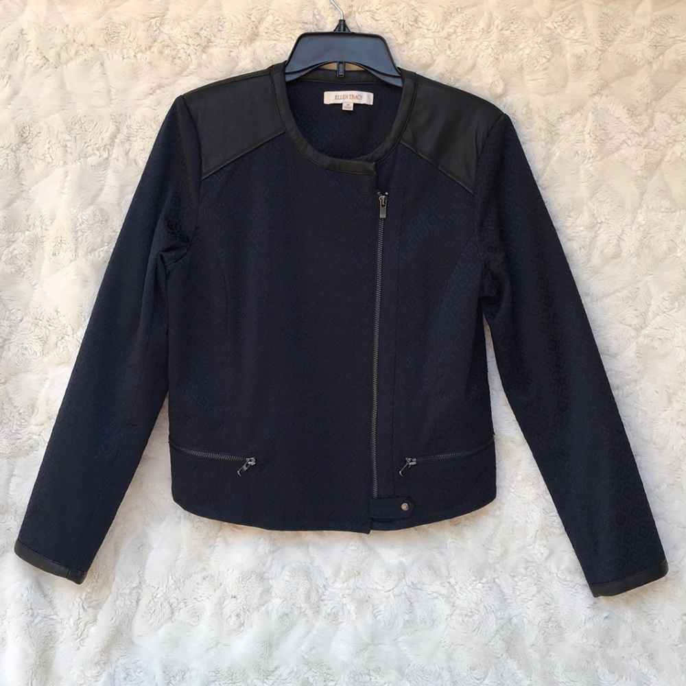 GUC  Ellen Tracy Blue Brocade Moto Jacket SzMED